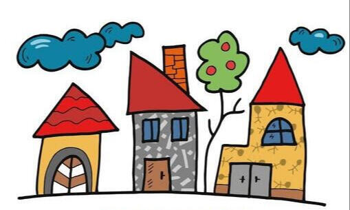 Kinderzeichnung von Häusern mit einer Kirche